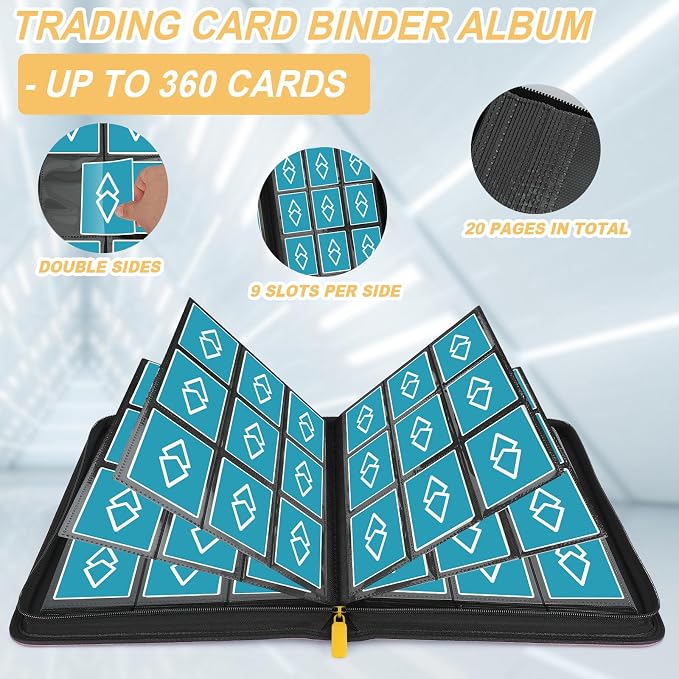 360 Cards Ringless 9-Pocket Side Loading Trading Card Binder, PU Zipper Fixed - Image 5