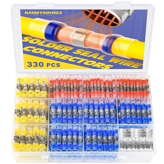 330PCS Solder Seal Wire Connectors-haisstronica Marine Grade - Heat Shrink Butt Connectors-Self Solder for Electrical,Stereo(30Yellow 80White 110Red 110Blue)