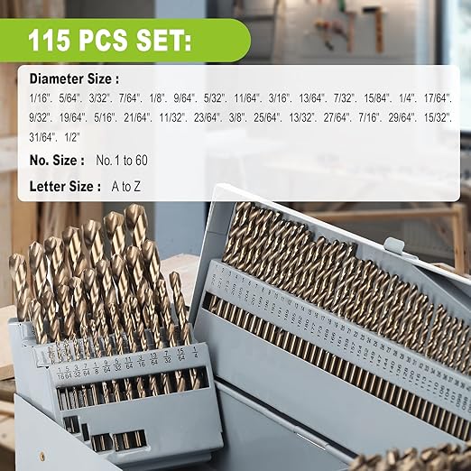 YOUGFIN 115 Pieces Cobalt Drill Bit Set, M35 High Speed Steel Twist Jobber Length Drill Bits for Stainless Steel Hard Metal and Cast Iron with Metal Indexed Case (1/16 Inch-1/2 Inch, A-Z, 1-60)