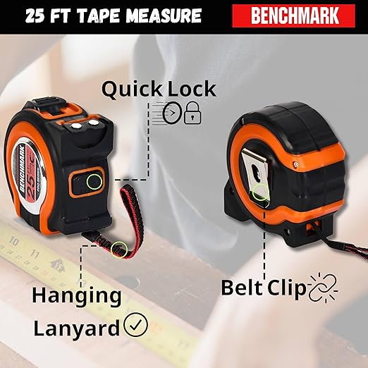 Benchmark - 3 Pack - 25 ft Tape Measures - Easy to Read Fractions to 1/8th inch - Magnetic Tip - Thumb and Quick Lock - Autowind - Belt Clip - Orange/Red