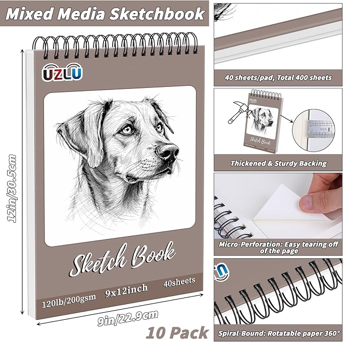 10 Pack 400 Sheets Heavyweight Sketchbook 9 x 12 in 200GSM Very Thick Mixed - Image 2