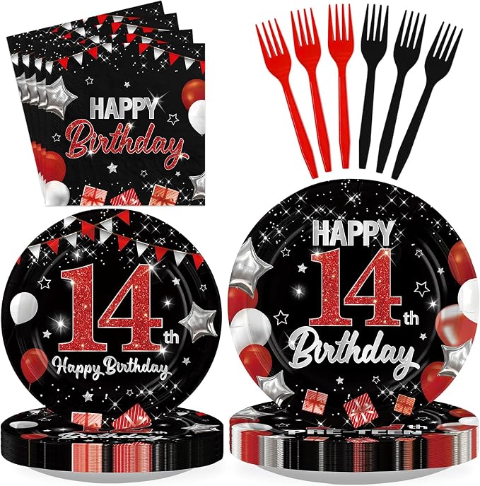 96Pcs Red and Black Party Decorations Happy 14th Birthday Plates and Napkins by Greencian
