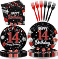 96Pcs Red and Black Party Decorations Happy 14th Birthday Plates and Napkins by Greencian