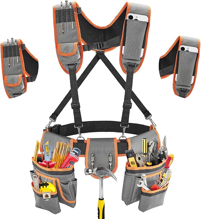 Tool Belt with Suspenders, Heavy-Duty 24-Pocket Work Belt for Electrician, Carpenter, Construction, Detachable & Adjustable Tool Pouch Bag for Men -Fits Waists 33"-48"