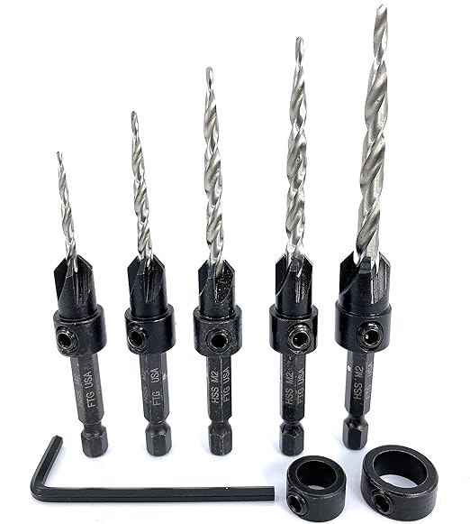FTG USA Adjustable Wood Countersink Drill Bit Set 5 Pc Countersink Drill Bit #4#6#8#10#12 with Tapered Drill Bit for Woodworking