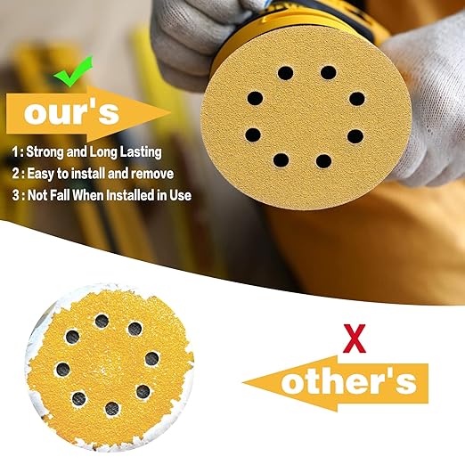 100PCS 5 Inch 8 Hole Sanding Discs 600 Grit,Gold Round Hook and Loop Sandpaper for Random Orbital Sander