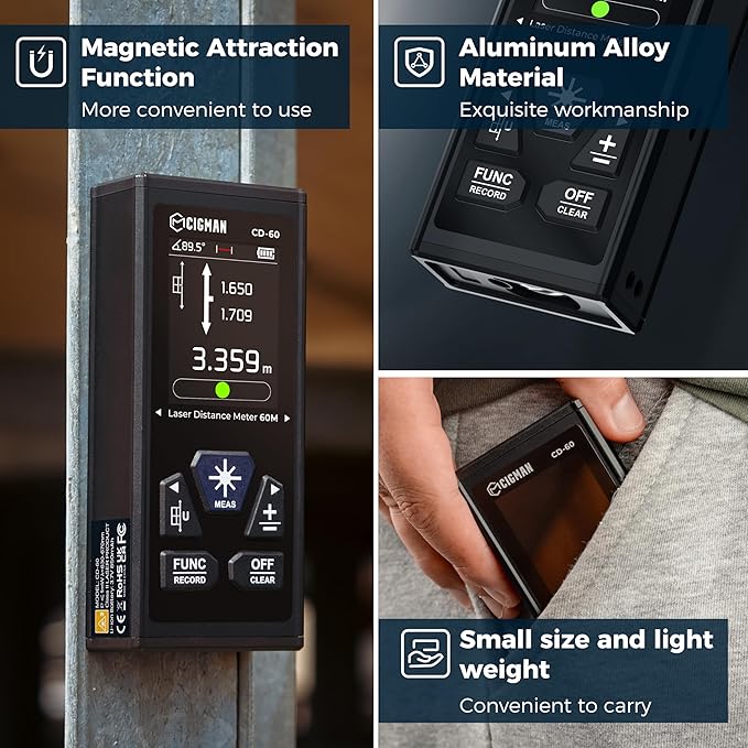 CIGMAN Dual Laser Measuring Tool, 393ft/120M Bilateral Laser Measurement Tool, Rechargeable Laser Measure with M/in/Ft 6 Units, Backlit LCD Display, Angle Sensor, Pythagorean Mode, Area and Volume