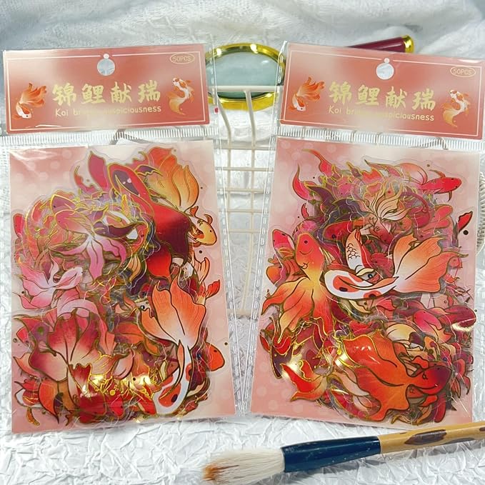 50PCS Gold Stamp Stickers Goldfish Aesthetic PET Travel Journal Decal - Image 6