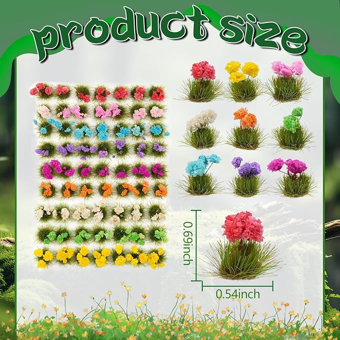 Warmtree 63 Pcs Miniature Colorful Flower Cluster DIY Static Grass Tufts Model - Image 2