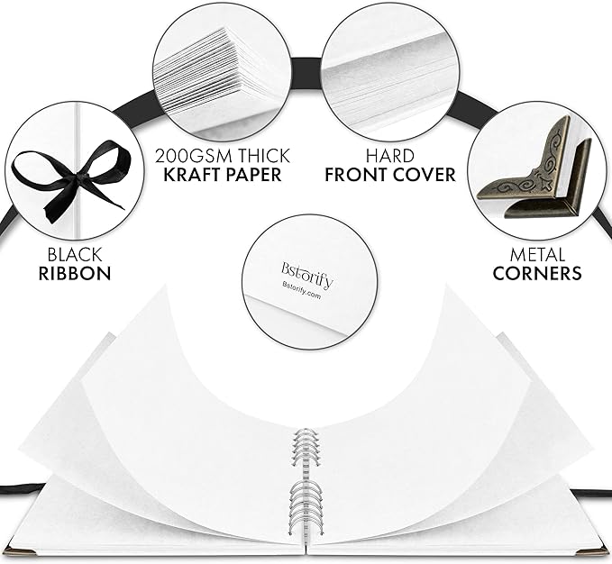 Bstorify Square Scrapbook Photo Albums 60 Pages White Thick Paper, Metal Corners - Image 3
