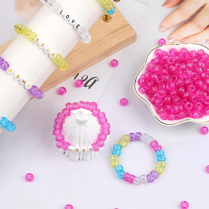 1000Pcs Pony Beads Bracelet 9mm Hot Pink Glitter Plastic Barrel Pony Beads - Image 5