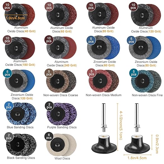 SUNJOYCO 104 PCS 2 Inch Sanding Discs, Die Grinder Sanding Disc, Quick Change Discs with 1/4 Inch Shank, Roll Lock Abrasive Disc for Surface Prep Strip Grind Polish Burr Finish Rust Paint Removal