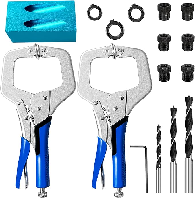 JANNO 2PCS 11Inch Locking Metal Face Clamps, Pocket Hole Jig Clamp with Adjustable Flat Swivel Pad, Vice Grip Clamps with Pocket Hole Jig Kit For Woodworking, Welding, Pocket Hole Joinery