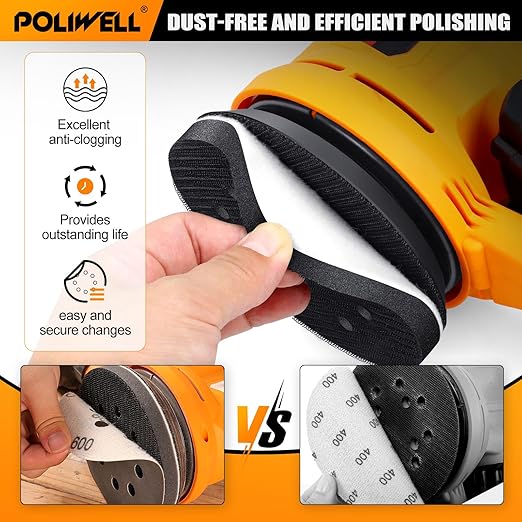 POLIWELL 120pcs 5 Inch Sanding Discs Hook & Loop 8 Holes Wet Dry 320 400 600 800 1000 2000 3000 Grit Orbital Sandpaper with 2pcs Interface Pads, Silicon Carbide Round Flocking Sandpaper