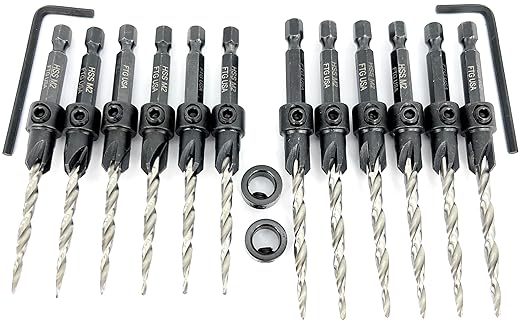 FTG USA Countersink Drill Bit Set for Wood with Tapered Drill Bit 6 Pc #8 (11/64"), 6 Pc #10 (3/16")