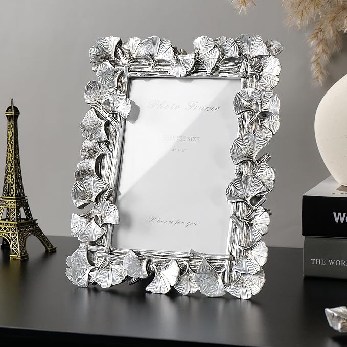 Cuspin 4x6 Silver Picture Frame, Vintage Silver Ornate Leaf Textured - Image 2