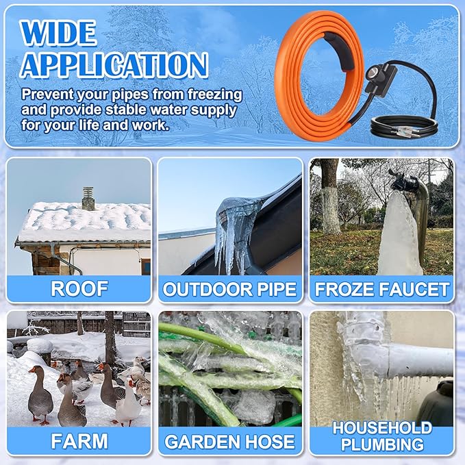 FANOVO Heat Tape for Water Pipes, 6ft Pipe Heat Tape with Thermostat, Self Regulating Heat Tape Cable, Freeze Protection Heating Cable Wrap for Water Pipes, Used for Metal Plastic Pipes and Roof RV