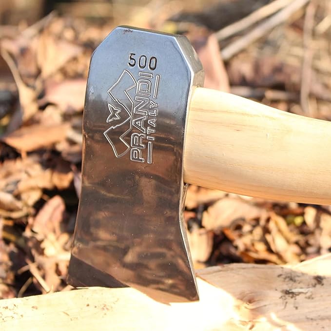 Prandi Axes Camping C45 Forged Carbon Steel Hatchet - Hickory Handle with Leather String - Ideal for Camping, Travel and Bushcraft - S/N 3.051.05.CH - 13" L x 5.22" W, 500g Polished Head, No Sheath