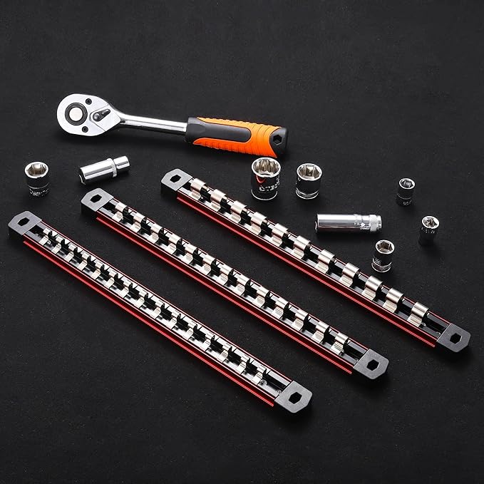 ALOANES 3-Piece Magnetic Socket Organizer, Heavy Duty Aluminum Socket Rails Organizer, Socket Rail Holder for Tool Box, 1/4-Inch Socket Holder x 45 Stainless Clips (Red)