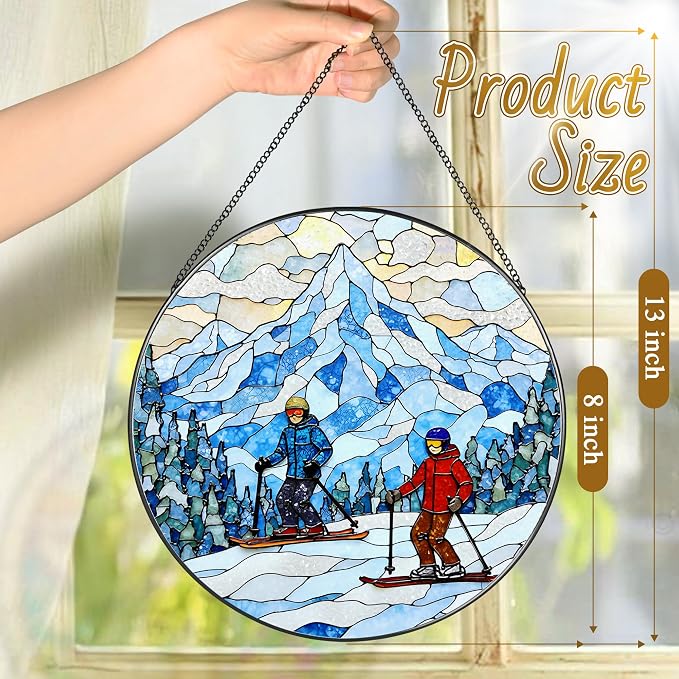 8'' Snowy Mountain Skiers Sun Catcher Ornament, Stained Glass Window Hanging - Image 4