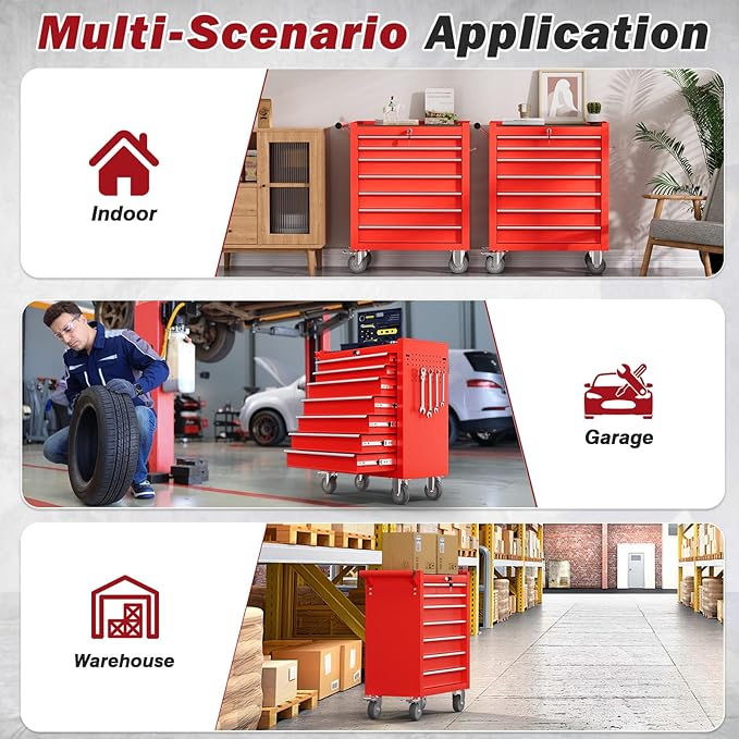 Rolling Tool Chest with Drawers, 7 Drawers Tool Chests & Cabinets, Metal Toolbox with Wheels, Lockable Storage Cabinet, Garage Tool Box with Drawers (Red, 7 Drawers)