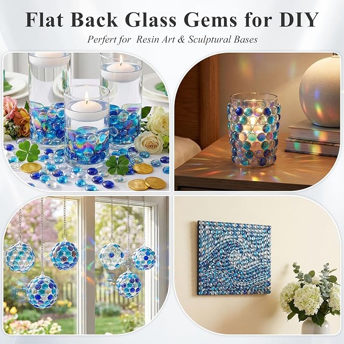 DomeStar 65PCS Iridescent Blue Flat Marbles, Decorative Glass Pebbles | Vase - Image 6