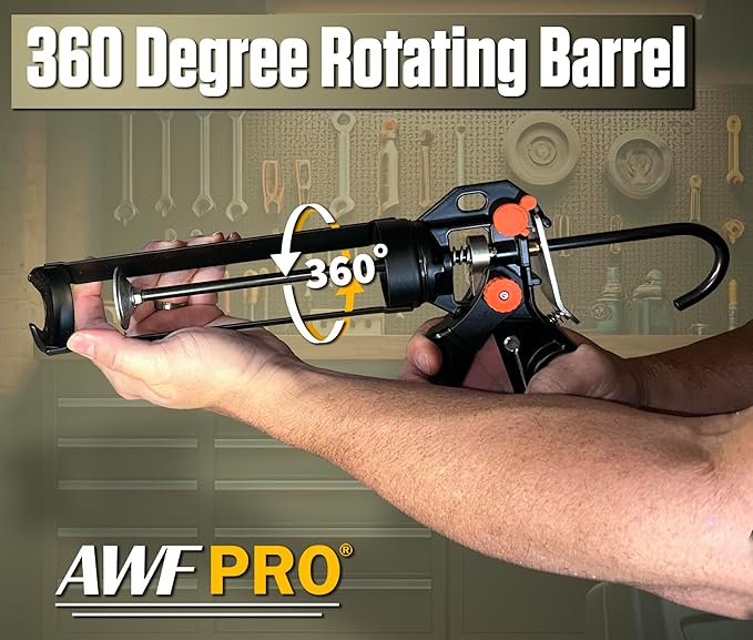 AWF PRO 10 oz Dual Thrust Caulk Gun - 25:1 or 12:1 Thrust Ratio, Dripless, Rotating Barrel, Comfort Grip, with Built-In Puncture Tool, Pack of 6