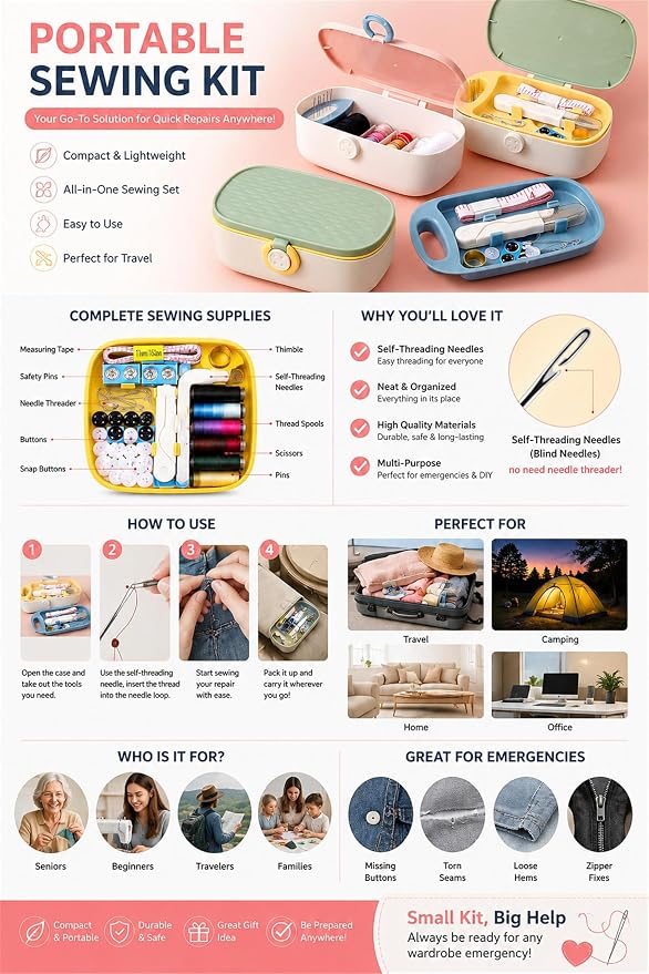 FKOG Portable Sewing Kit Basic, Measure Tape, Emergency Sewing Accessories - Image 4