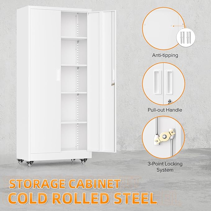 Pataku 73" Metal Storage Cabinet with Wheels, Garage Storage Cabinet with 4 Adjustable Shelves & Lockable Doors for Garage Home Office, Heavy Duty Tool Cabinets（White）