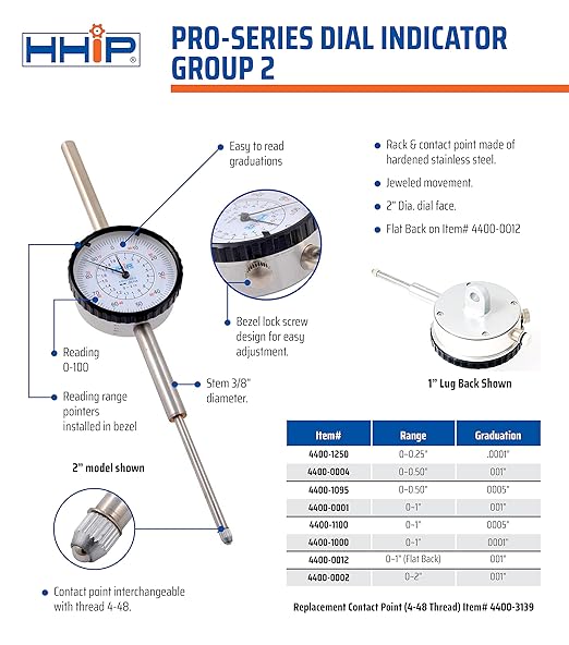HHIP 4400-1000 Pro Series AGD Group 2 Dial Indicator, .0001" Graduation, 0-100 Reading, 0-1" Range