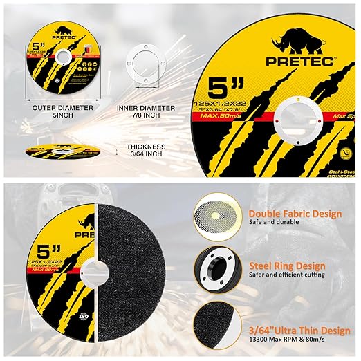 Cut Off Wheels 5", PRETEC 50+5 Pack Metal Cutting Wheel,Thin 125mm Metal & Stainless Steel Fast Cutting Discs for Angle Grinder - 7/8" Arbor Hole, 5" x 1/24" x 7/8" 55 PCS