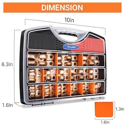 Kuject 120PCS Battery Cable Ends AWG 1 2 4 6 8 1/0 2/0 Gauge, 60PCS Heavy Duty Copper Wire Lugs Kit, Battery Cable Terminal Connectors Assortment with 60PCS 3:1 Heat Shrink Tubing