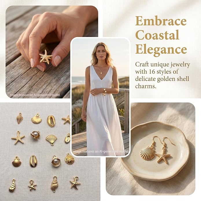 16Pcs Gold Metal Shell Charms, 16 Styles Summer Beach Seashell Pendants - Image 5