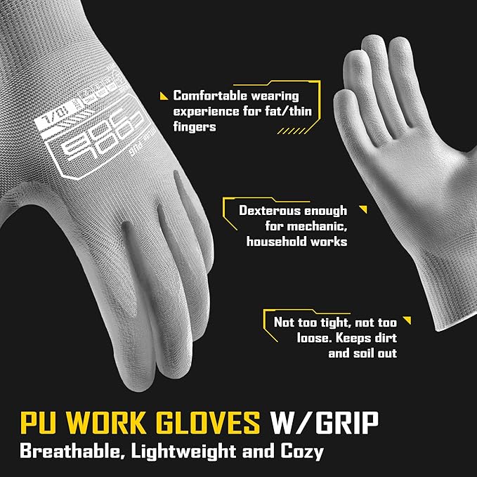 COOLJOB 12/60 Pairs Safety Work Gloves Pack Bulk with Grip PU Coating, 13 Gauge Seamless Knit Gloves with Polyurethane Dipped for Warehouse Working, Breathable Lightweight for Men Women, Grey Small