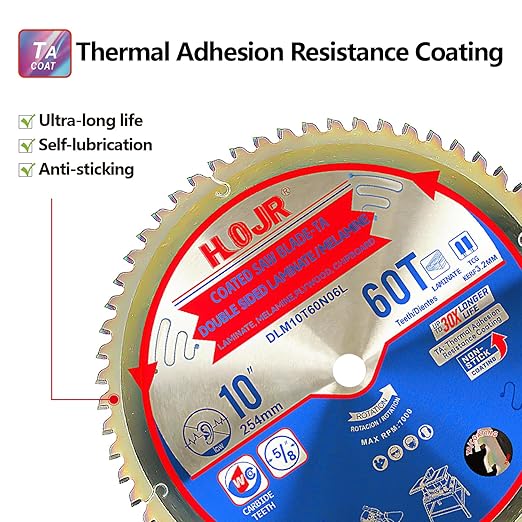 Circular Saw Blades Woodworking TA Series,10" 60-Tooth 5/8" Arbor, for Laminate, Melamine Board, Special Anti-Thermal Adhesion Coating on Cutting Edges -TA,High Finish,Long Life,DLM 10" 60T TA