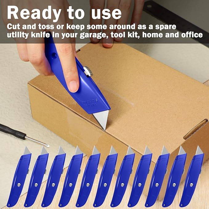 Lasnten 12 Pcs Box Cutter Bulk Retractable Utility Knife Heavy Duty Aluminum Alloy Carpet Knife Package Opener Cutter Blade for Cardboard Plastics Cartons DIY Home Warehouse Office(Blue)