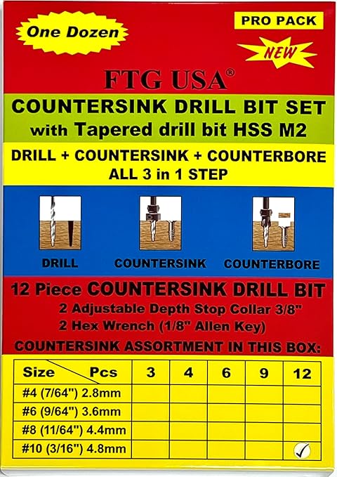 FTG USA 12 Pc #10 (3/16") Countersink Drill Bit Set with Depth Stop Collar, Hex Wrench - Tapered Drill Bits for Wood
