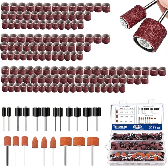 Tnisesm 159Pcs Sanding Drum Set for Dremel Rotary Tools-Includes 138 Aluminum Oxide Drum Sander Sanding Sleeves (80,120,240 Grit),12 Drum Mandrels and 9 Sanding Bits,Sanding Bits Tool Accessories
