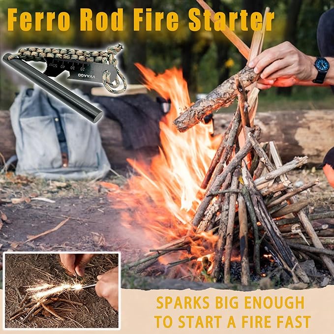 VVAAGG Flint and Steel Fire Starter Kit Survivor, 3/8" 1/2 inch Ferro Rods and Magnesium Rods with Paracord Handle