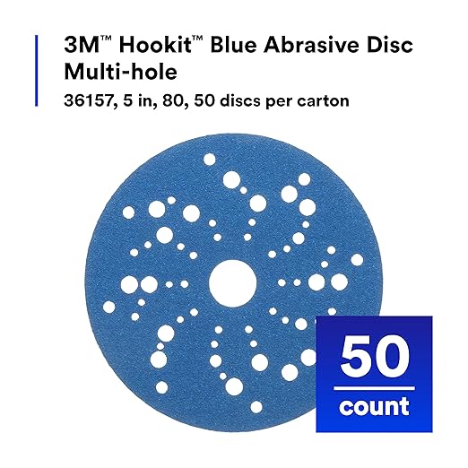 3M Hookit Blue Abrasive Discs 36157, Multi-Hole, 5 in, 80+ Grade, Pack of 50, Virtually Dust-Free, for Auto Sanding, Body Repair, Featheredging, Primer Sanding, Paint Preparation, E-Coat Sanding