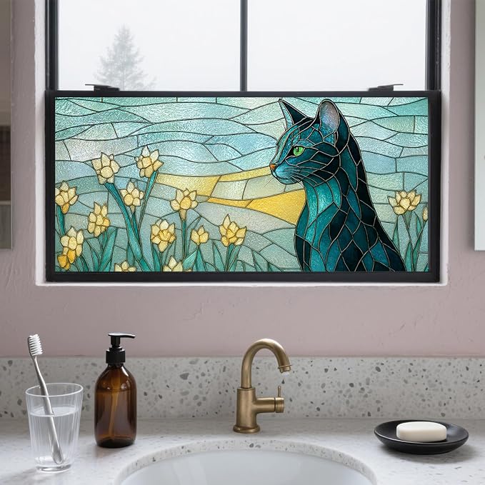 IVN Stained Glass Window Film 39.3x17.7 inch Cat and Daffodils Window Privacy by IVN