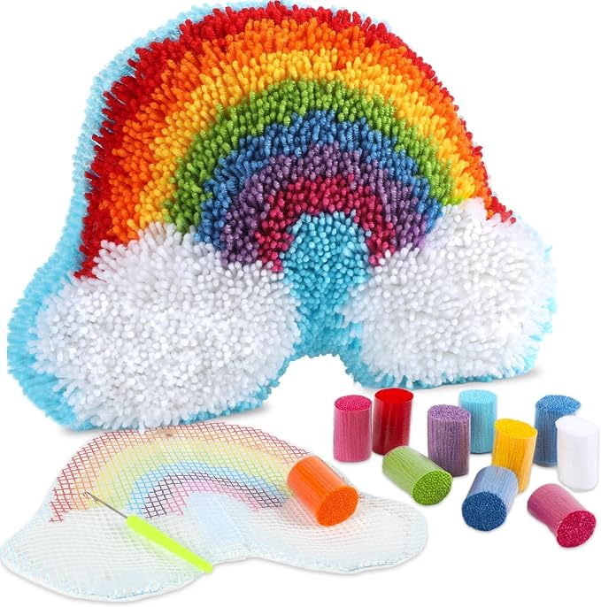 Justforjoyful Rainbow Latch Hook Kit Rainbow Pillow DIY Craft Kit by Justforjoyful