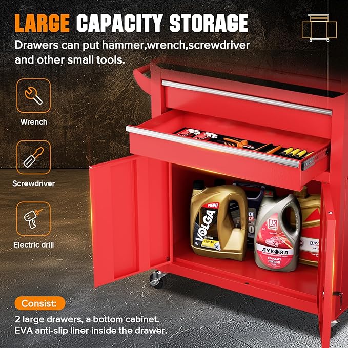 Crownland 8-Drawer Rolling Tool Chest with Wheels, Lockable 2 in 1 Detachable Tool Cabinet wit Drawers and Black Liners, Garage Top Toolbox & Bottom Storage Cart with Side Hooks(Red)