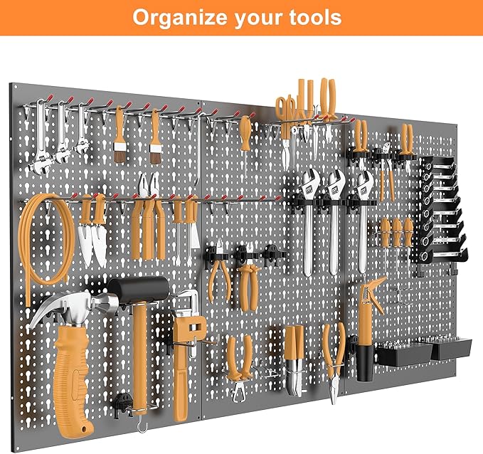 WALMANN Metal Pegboard Wall Tool Organizer Board with Pegboard Hooks, 24x48in Tools Organizer Pegboard for Garage, Workbench, Peg Boards, Tool Organizer Board with Hooks(Black)