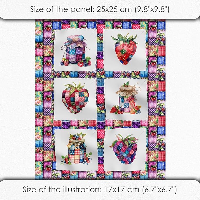 Patchwork Berry Jar Cotton Fabric Panel – 6 Designs + Bonus Sheet 29.5×19.6 inch - Image 6