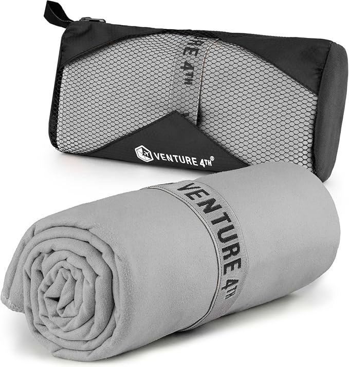 VENTURE 4TH Quick Dry Towel. Microfiber Travel Towel Ideal for Camping, Hiking, Backpacking, Gym. Lightweight & Fast Drying Travel Towels for Body. Compact & Easy to Pack - Light Gray Large
