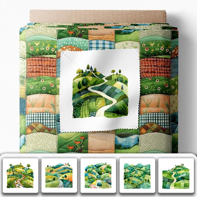 Patchwork Green Hills Cotton Fabric Panel – 6 Designs + Bonus Sheet 29.5×19.6 - Image 2