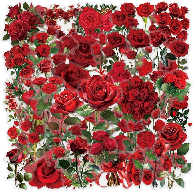 60 Pcs Red Rose PET Transparent Sticker | Self-Adhesive Scrapbooking Stickers by Unknown