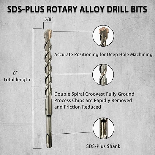 Direko 5-Piece 5/8 inch x 8 Inch SDS Plus Rotary Hammer Drill Bits Carbide Tipped Concert Drill Bits for Concrete, Brick, Cement Walls, Stone, Hammer Drill Bits for Concrete