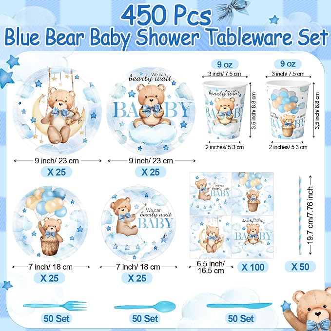450 Pcs Blue Bear Baby Shower Tableware Set Decorations, We Can Bearly Wait - Image 2